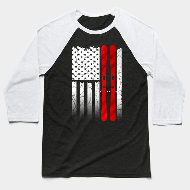 US American Flag Ski Skiing Baseball T-Shirt by missalona